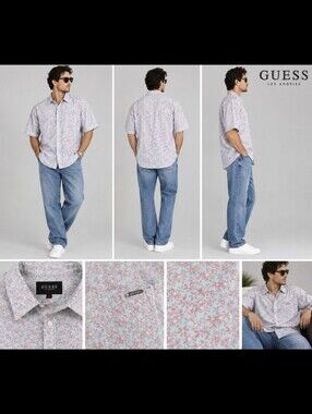 Guess Men's Short-Sleeve Button-Up Shirt - Light Blue Pattern